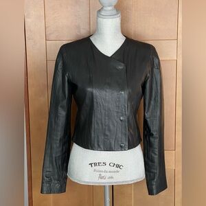 MARGIT BRANDT COPENHAGEN Cropped Minimalist Black Leather Jacket, Size Small